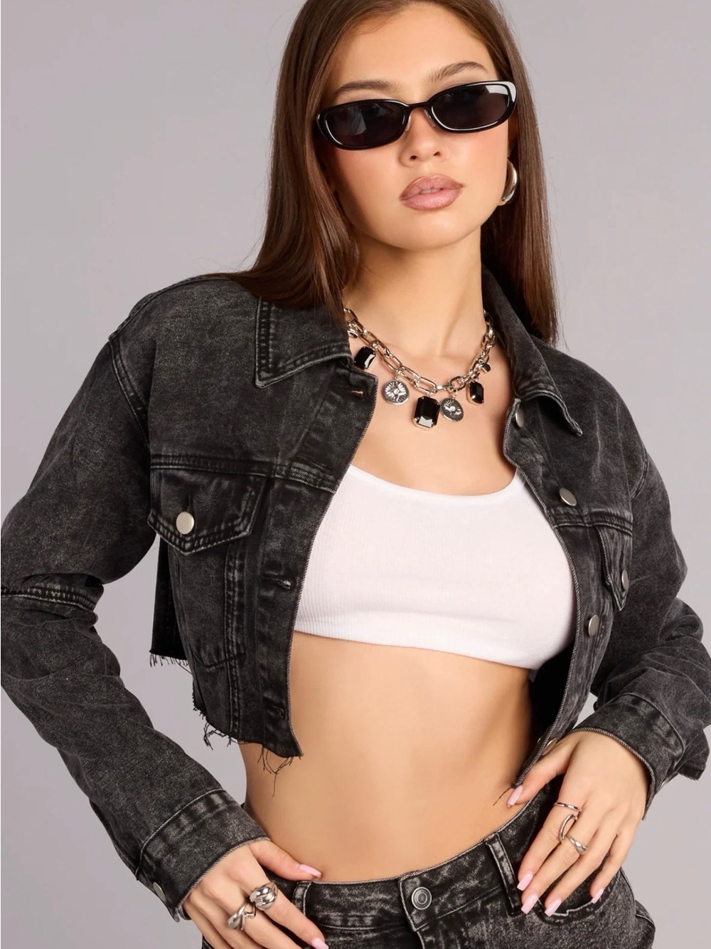Windsor Cropped Black Denim Jacket with Raw Hem